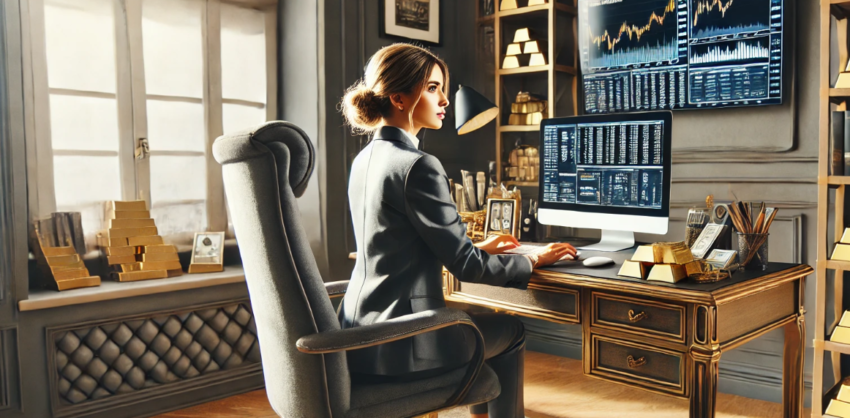 In a sophisticated home office, a woman sits at an elegant desk, the epitome of a modern-day trader immersed in her work. The scene is meticulously crafted to reflect both opulence and functionality. Her desk is a focal point, adorned with symbols of wealth and success: gleaming gold bars and neatly stacked bundles of cash. Each element is arranged with precision, contributing to the aura of prosperity that permeates the room.