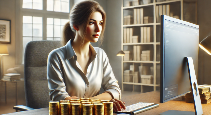 Woman with gold coins on her desk