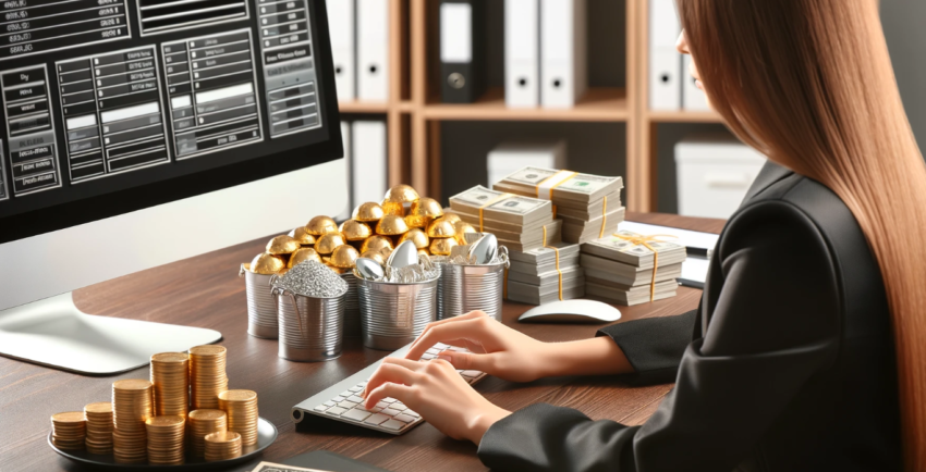 The image depicts a woman seated at a desk, typing on a computer keyboard with a monitor in front of her. On her desk, there is a neatly arranged stack of gold coins, silver ingots, and bundles of cash. The office setting in the background features shelves filled with documents and other office supplies, providing a professional environment. The scene conveys a sense of financial activity and wealth management.