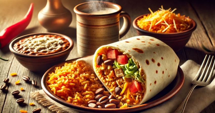 image featuring a burrito with rice and beans, accompanied by a steaming cup of coffee.