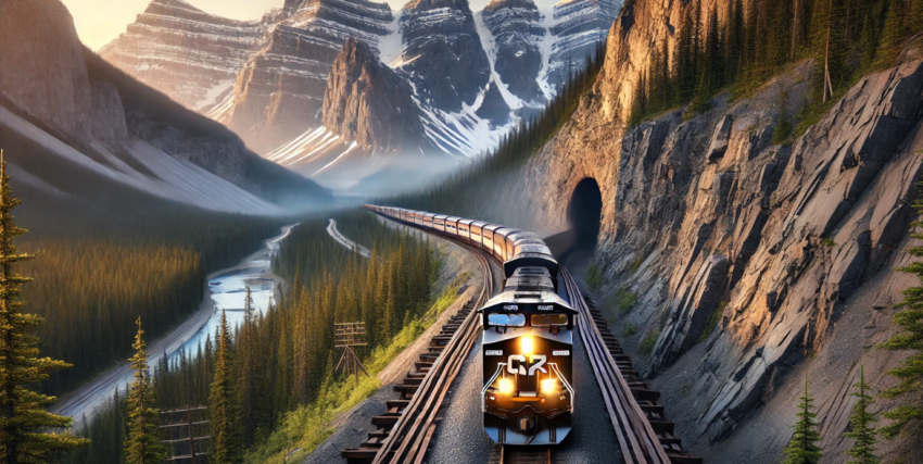 wide-format image of the Canadian railroad cutting through the majestic Rocky Mountains during the early morning light.