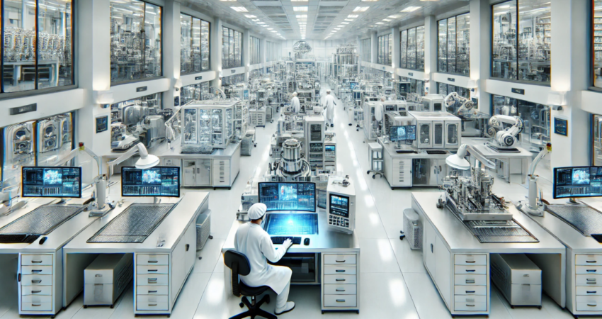 image of a high-tech computer chip manufacturing facility. The scene showcases the advanced machinery, robotic arms, and engineers in a pristine, cleanroom environment.