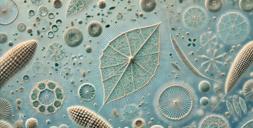 image of diatoms showcasing their intricate and geometric silica cell walls in an oceanic environment, with various shapes and engaging in different carbon consumption methods.