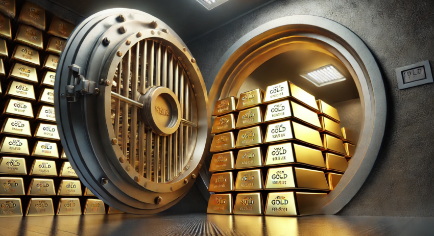 the image of gold bars stacked securely inside a vault.