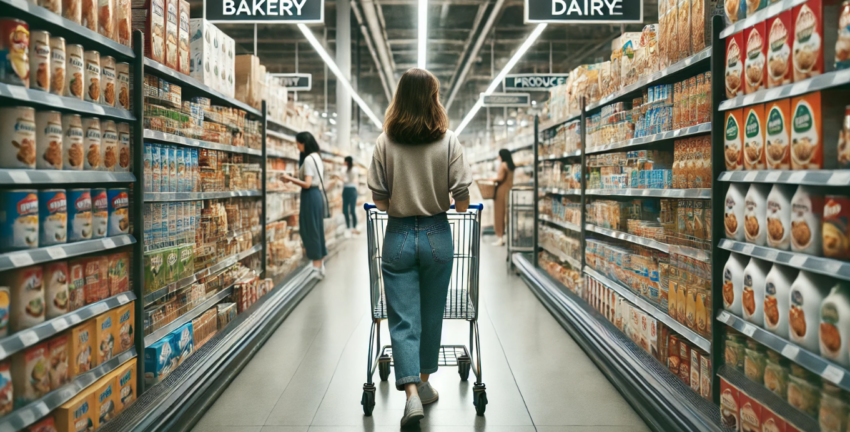 image of a woman walking through a grocery store aisle, pushing a shopping cart.