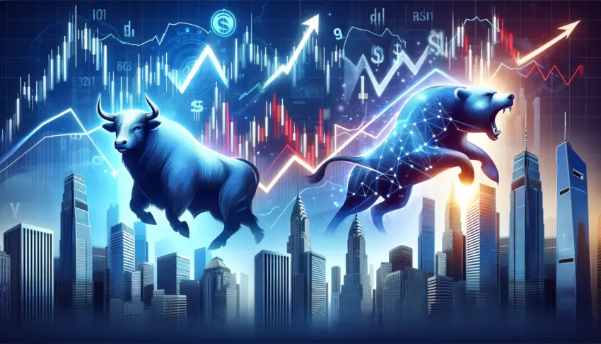 The image depicts a dramatic representation of a financial market, highlighting the iconic symbols of a bull and a bear, which are commonly used to represent market trends. The background features a modern city skyline with towering skyscrapers, symbolizing economic growth and business activity. Above the skyline, fluctuating financial charts and arrows illustrate market movements, with lines showing upward and downward trends. The bull, symbolizing a rising market, is positioned on the left, charging forward with a determined posture, while the bear, representing a declining market, is on the right, swiping aggressively as if to push the market down.