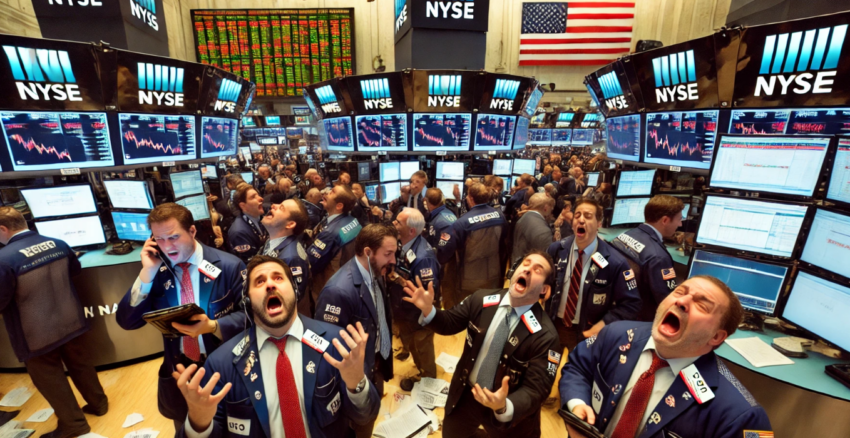 the floor of the New York Stock Exchange after a significant plunge in prices, with distraught traders and a chaotic atmosphere.