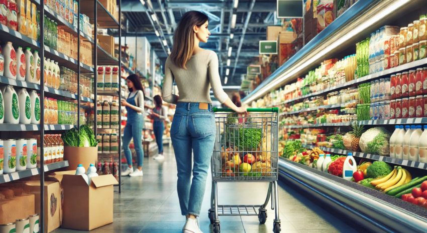 a woman shopping in a grocery store.