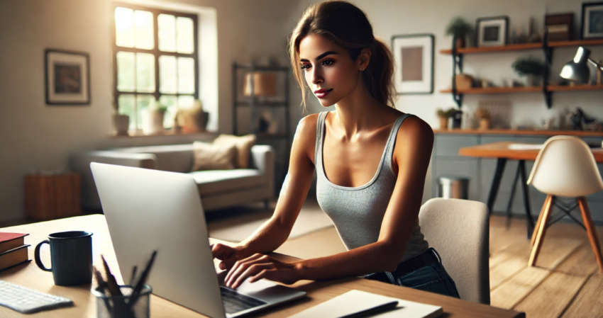 image of a woman sitting at a desk in a tank top, focused on her computer.