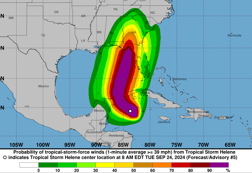 These graphics show probabilities of sustained (1-minute average) surface wind speeds equal to or exceeding 34 kt (39 mph). These wind speed probability graphics are based on the official National Hurricane Center (NHC) track, intensity, and wind radii forecasts, and on NHC forecast error statistics for those forecast variables during recent years.