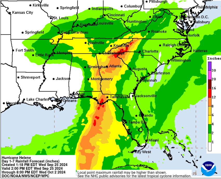 RAINFALL: Tropical Storm Helene is expected to produce total rain accumulations of 4 to 8 inches over western Cuba, the Cayman Islands and the northeast Yucatan Peninsula, with isolated totals around 12 inches. This rainfall brings a risk of considerable flooding. Over the Southeastern U.S. into the Southern Appalachians, Helene is expected to produce total rain accumulations of 5 to 10 inches with isolated totals around 15 inches. This rainfall will likely result in areas of considerable flash and urban flooding, with areas of significant river flooding. Landslides are possible in areas of steep terrain in the southern Appalachians. Rainfall totals of 2 to 4 inches with maximum amounts of 6 inches expected across the Middle to Lower Tennessee Valley, Ohio Valley and portions of the Lower Mississippi Valley. This will produce the threat of localized flash and urban flooding.