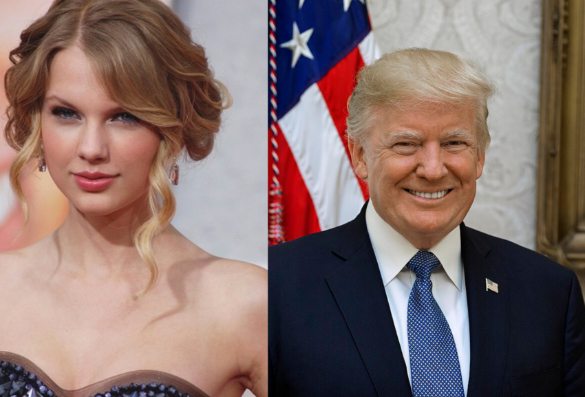 On the left, Taylor Swift is seen with her signature blonde hair styled in loose waves, wearing a strapless dress, and showing a calm, confident expression. On the right, Donald Trump is pictured in formal attire, including a dark suit, white shirt, and blue tie, standing in front of the American flag with his characteristic smile.