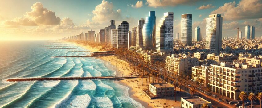 This panoramic view of Tel Aviv captures the dynamic energy and coastal beauty of the city. In the foreground, the Mediterranean Sea sparkles under the sunlight, its gentle waves rolling onto the soft, sandy beach that stretches along the shoreline. The beach itself is lively, with people strolling along the promenade and palm trees swaying gently in the breeze, adding to the relaxed yet vibrant atmosphere.