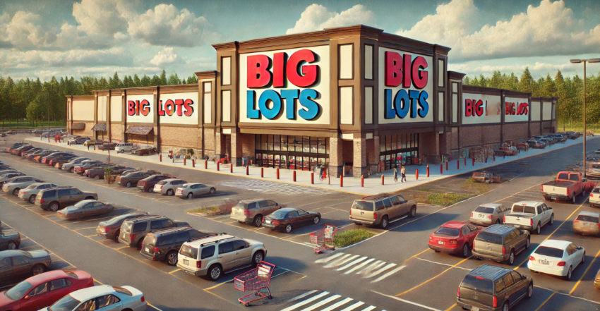 The image depicts a typical suburban Big Lots store, with its wide storefront featuring the prominent logo in bold letters above the entrance. The building's facade is painted in a blend of beige, brown, and red tones, giving it a welcoming yet functional appearance. Large windows are positioned near the entrance, allowing passersby to glimpse the interior of the store. The parking lot in front is broad, with a number of vehicles parked in neat rows, and shopping carts are scattered near the front of the building, awaiting use.