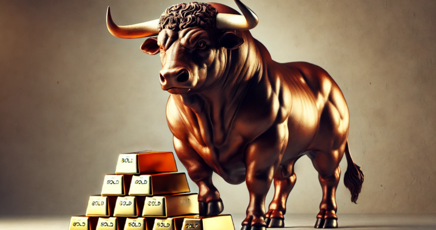 a powerful bull stands confidently beside a neatly arranged stockpile of gleaming gold bars. The bull, embodying strength and resilience, has dark brown fur that contrasts against the bright reflection of the gold. Its muscular frame and sharp horns create a sense of dominance, while its gaze is steadfast, symbolizing determination and prosperity.