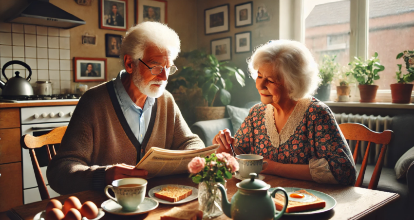 The scene captures a peaceful morning, filled with the quiet contentment of two elderly souls who have likely shared many such moments over the years. The couple, sitting across from each other at a breakfast table, appear comfortable in the routine of their daily lives. The warm sunlight gently illuminates the room, streaming in through a window that casts soft, golden rays onto the wooden table between them. This natural light, warm and inviting, creates a cozy atmosphere, enhancing the sense of serenity that fills the space.