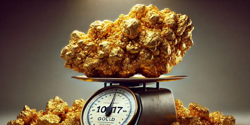 image portrays a truly monumental gold nugget resting on an industrial scale, highlighting its impressive 107-pound weight.