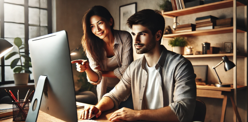 The scene captures an intimate and collaborative moment between a man and his wife in a cozy home office. The man sits at a modern desk, facing his computer screen, engrossed in the work or task displayed. His posture is relaxed, yet focused, and he's dressed casually, reflecting the informal, comfortable atmosphere of the setting. The desk is filled with personal touches, such as a cup of coffee, notebooks, and small tech gadgets, which suggest a productive workspace where creativity or analysis thrives.