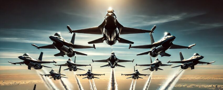 The image captures a striking scene of military aircraft in tight formation, slicing through the open sky with precision and power. Each jet appears sleek and formidable, their sharp, angular designs reflecting their advanced technological capabilities. The metallic surfaces of the aircraft gleam under the bright sunlight, their polished exteriors catching and scattering light as they move swiftly across the sky. Thin contrails of white smoke trail behind them, emphasizing their speed and the crisp cleanness of the air through which they fly.