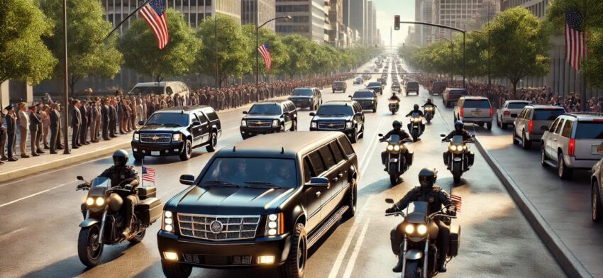 This image presents a highly realistic view of a Presidential motorcade. The convoy is led by a heavily armored black limousine, displaying small American flags on the front. A series of identical black SUVs follow, creating a well-coordinated line of vehicles. Motorcycle escorts with flashing lights flank the motorcade, enhancing the official feel of the scene.