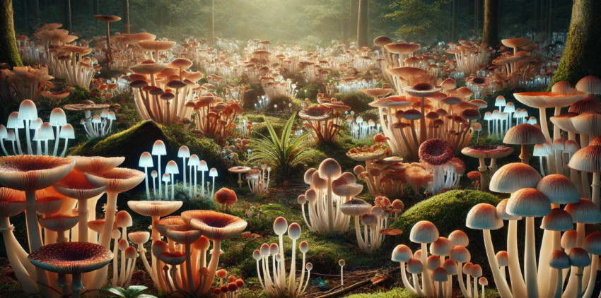 A vast, serene landscape unfolds in a natural clearing, where a diverse array of mushrooms creates an enchanting scene.