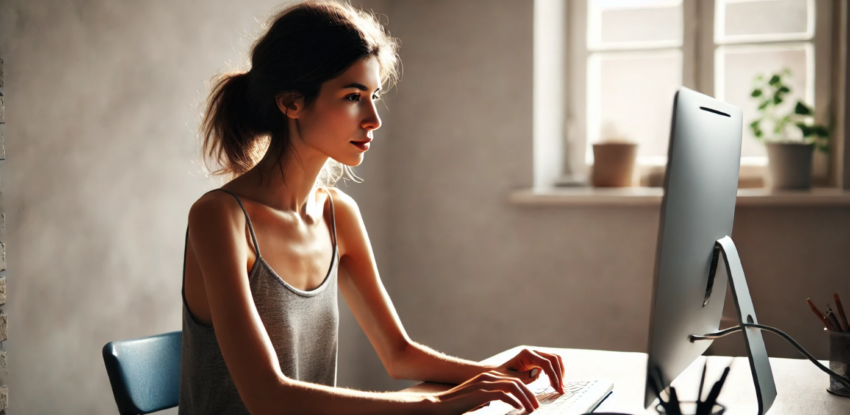 A woman sits at her desk, immersed in her work. She is casually dressed, wearing a simple tank top, which gives the scene an effortless, everyday feel. Her posture reflects focus and dedication as she leans slightly forward toward her computer screen, her fingers either typing away or navigating with precision. The soft glow of sunlight filters through a window nearby, casting a natural light that complements the calm, productive atmosphere of the room.