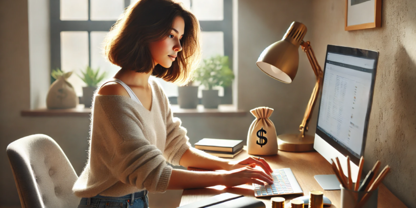 In the scene, a young woman sits at a desk, deeply focused on her work, with the soft glow of her laptop lighting up her concentrated expression. Her casual attire, a cozy sweater and jeans, suggests she is in a comfortable, personal workspace—likely her home office. Her dark hair, cropped short, frames her face as she types away. The desk is striking in its simplicity, free from clutter, allowing her to maintain a clear headspace. Only a few items rest atop it, hinting at a minimalist approach to productivity: a small, plain notebook lies open beside her, a half-empty cup of coffee stands ready, and two shining gold coins sit prominently next to the laptop.