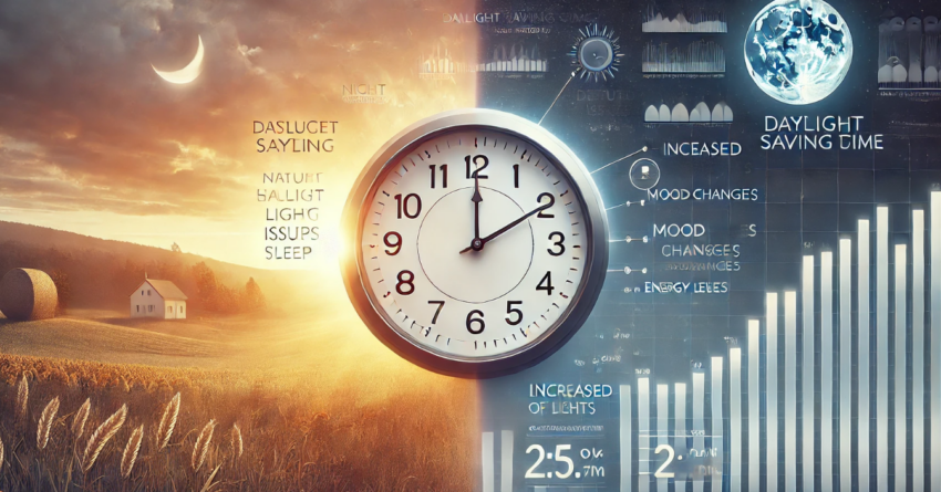 A wide-format image illustrating the transition from daylight to night, featuring a clock in the foreground showing an hour shifting back. The background smoothly transitions from a bright morning sunrise on the left to a soft evening glow on the right, symbolizing natural light cycles. Overlayed statistics highlight the health impacts of disrupted sleep, with data on increased risks for sleep issues and mood changes.