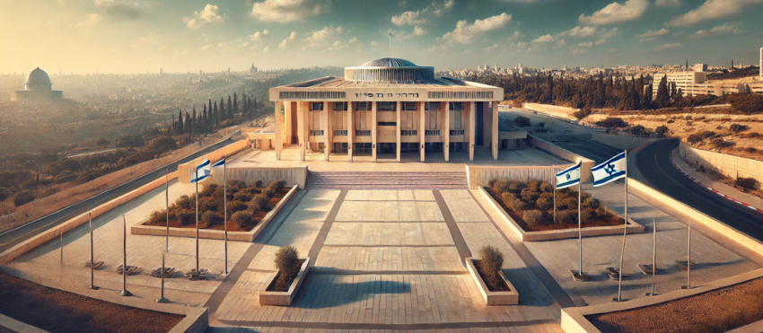 This image captures the iconic Knesset, Israel's parliament, in a panoramic view that emphasizes the building’s modernist architecture. The structure is made from Jerusalem stone, a hallmark of local construction, giving it a light, cream-colored facade that contrasts beautifully with the deep blue sky above. The clean, minimalist lines of the building are accented by large windows and tall, evenly spaced columns, creating a sense of openness and transparency.