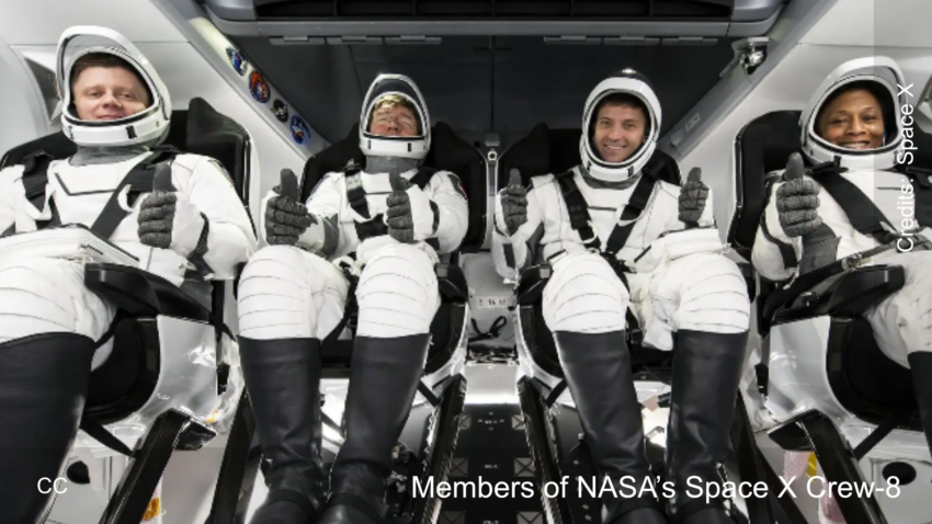 Members of NASA’s SpaceX Crew-8 mission from right to left, NASA astronauts Jeanette Epps, mission specialist; Matthew Dominick, commander; Michael Barratt, pilot; and Roscosmos cosmonaut Alexander Grebenkin, mission specialist; participate in the Crew Equipment Interface Test at Cape Canaveral Space Force Station in Florida on Friday, Jan. 12, 2024. SpaceX