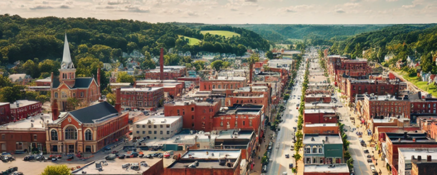 The aerial view of downtown Butler, Pennsylvania presents a picturesque and orderly layout, revealing the structure of a small, historic town. From this elevated perspective, the town’s streets form a neat grid, with Main Street prominently running through the center, serving as the heart of the community. Lining this central thoroughfare are brick buildings, their red and brown facades reflecting the town’s historic character. These buildings are a mix of commercial storefronts and local businesses, many of which have flat roofs, while others feature classic sloped designs, adding architectural variety to the townscape.