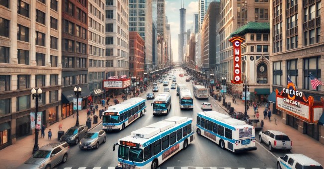 Wide-angle view of a bustling Chicago street with several Chicago Transit Authority (CTA) buses moving alongside cars and pedestrians. Iconic buildings like the Willis Tower and the Chicago Theatre marquee appear in the background, with vibrant urban details including traffic lights, street signs, and a mix of modern skyscrapers. The afternoon sunlight casts a warm glow on the scene, highlighting the lively, energetic atmosphere.