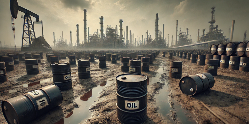 The image presents a stark, industrial scene with numerous crude oil barrels scattered and stacked in an expansive yard. The barrels are mostly black, with visible markings indicating their oil contents, and many display signs of aging—some are streaked with rust, while others appear newer, gleaming slightly despite the overcast sky. The barrels rest on a barren, uneven terrain, characterized by patches of oily mud and dirt. Some oil spills glisten, reflecting the gray, cloud-laden sky above, adding to the gritty, weathered look of the setting.