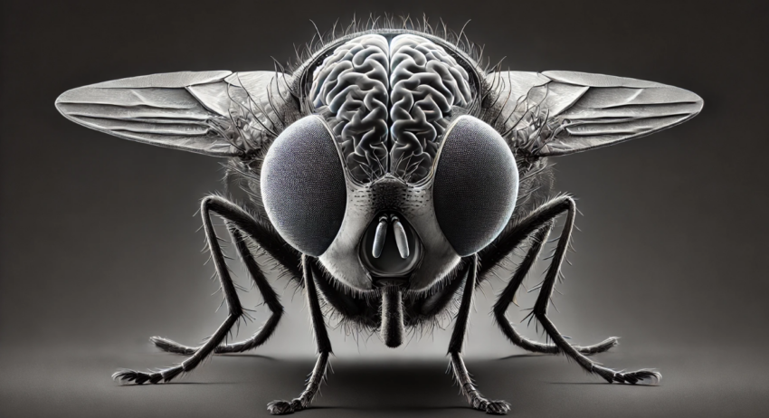 This wide-format image captures a fly with stunning anatomical precision, placing emphasis on the placement of its brain just behind the large, multifaceted eyes. The fly’s head dominates the scene, with the compound eyes taking up a significant portion of the head's structure. Each eye is composed of hundreds of tiny lenses, creating a mesmerizing pattern that draws the viewer's gaze immediately. Behind these complex eyes, glowing through the semi-transparent head, is the highlighted outline of the fly’s brain.