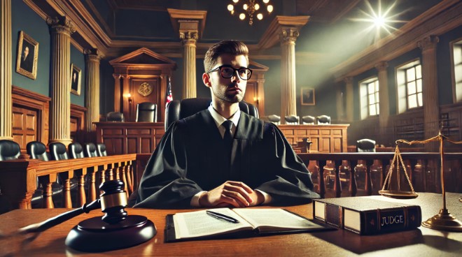 A judge sits at a large wooden bench in a courtroom, wearing black robes with a serious expression. Legal documents, a gavel, and a microphone are in front of them. The courtroom features grand wooden paneling, columns, and flags, with observers seated in the background.