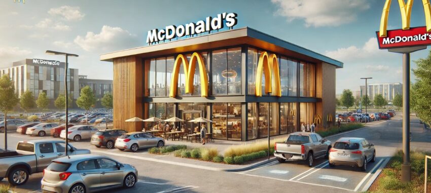 A view of a McDonald's restaurant from a parking lot with iconic golden arches and modern glass windows showing a bright, welcoming interior. Cars are parked in marked spaces, and customers can be seen entering the restaurant. Small trees and bushes provide landscaping around the area, set against a clear blue sky on a sunny day.