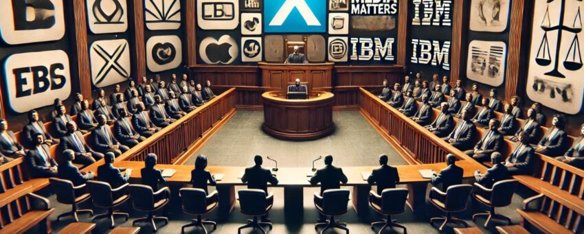 Courtroom scene illustration symbolizing a legal clash between media platform "X" and watchdog organization "Media Matters." The setting includes wooden benches, a judge's desk, and opposing lawyers. Background logos of Apple, Disney, and IBM subtly represent advertiser involvement, with a tense atmosphere highlighted by dim lighting.