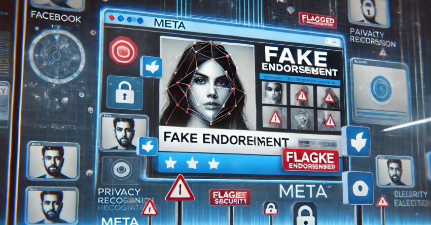 Illustration of a social media interface resembling Facebook or Instagram, showing a flagged fake celebrity endorsement ad. Icons representing security, privacy locks, facial recognition, and caution symbols emphasize Meta's focus on user protection, with a sleek, tech-themed background in blue tones that conveys a monitored, secure environment.