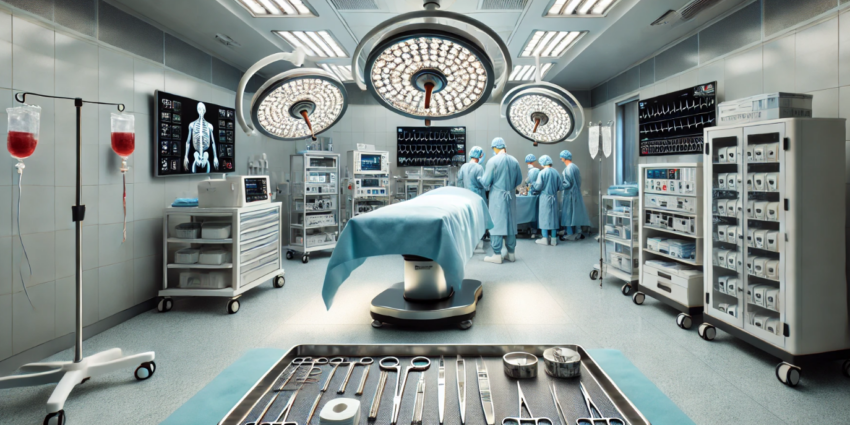 This image showcases a modern operating room in a hospital, filled with state-of-the-art medical equipment. In the center, a sterile operating table is positioned beneath bright, overhead surgical lights, ready for a procedure. Monitors displaying vital signs surround the table, providing essential data during surgery. Surgical tools are neatly arranged on trays nearby, meticulously prepared for use.