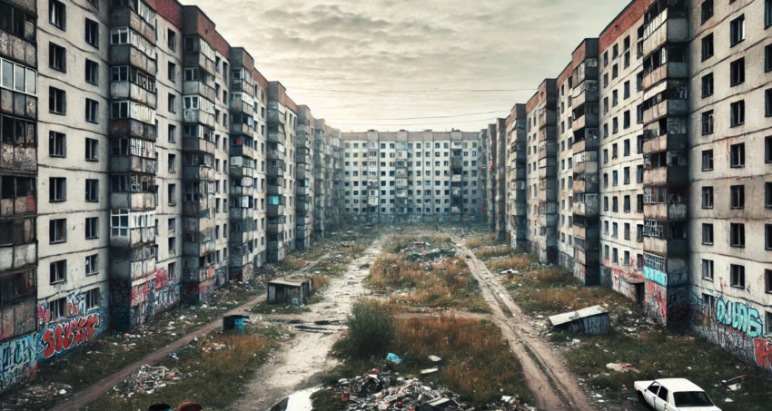 wide-format image of a run-down housing project with cracked walls, faded paint, and overgrown surroundings that reflect a sense of neglect and urban decay.