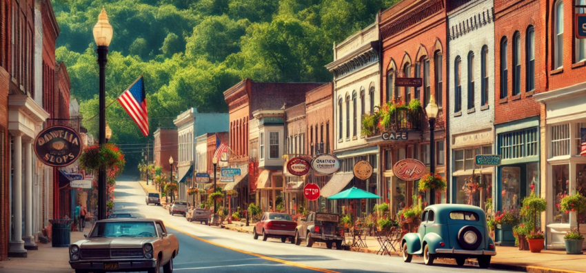 The image portrays a serene scene of a small town’s main street in Georgia, radiating a warm, inviting atmosphere. It’s a sunny day with a few scattered clouds in the vivid blue sky, highlighting the town’s charm. The street is lined with quaint buildings, mostly one or two stories high, each showcasing unique character. Some have red brick exteriors, adding a classic touch, while others are painted in soft pastel shades, giving the street a lively, colorful appearance.