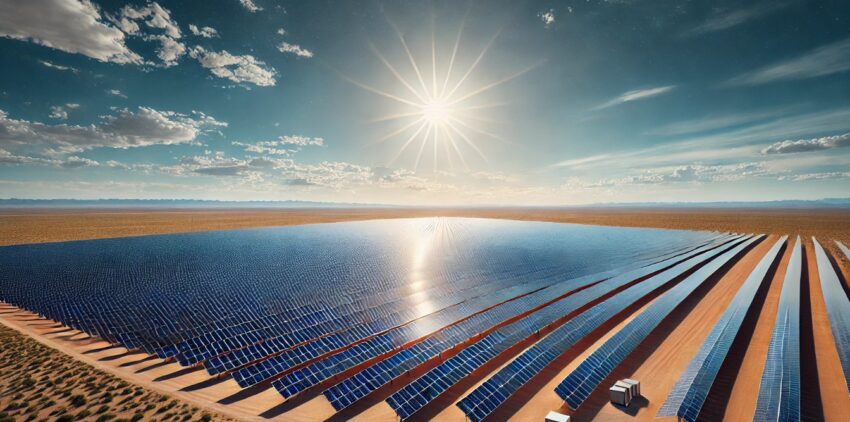 A vast solar farm with rows of solar panels on a flat, barren landscape under a bright, clear sky. The panels stretch far into the horizon, reflecting sunlight, with distant low hills and a substation visible. The scene is quiet and efficient, showcasing large-scale renewable energy production.