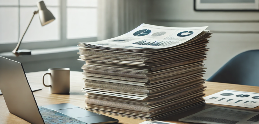 The image portrays a tidy, professional workspace centered around a wooden desk. A neat stack of papers or reports sits prominently on the desk, with visible charts, graphs, and text, implying they are financial or business documents. A partially open laptop adds a touch of modern productivity, while a ceramic coffee cup beside the stack suggests a busy day in progress. A simple pen rests nearby, ready for note-taking or signing off on those reports.