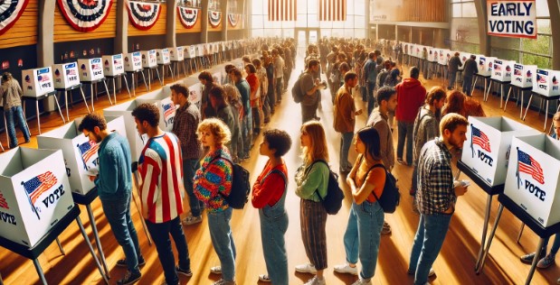 A wide-angle image of a polling station with two lines of early voters, divided by style and demeanor; one side of casually dressed, lively individuals contrasts with another of formally dressed, reserved voters, under sunlight streaming through large windows, capturing the intensity of civic participation. Patriotic decorations and voting booths enhance the setting.