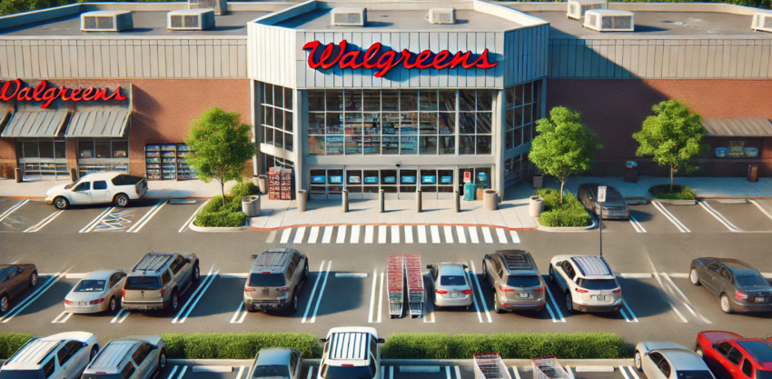 In this image, we see a typical Walgreens store as viewed from the parking lot. The familiar red "Walgreens" signage is prominently displayed on the building’s facade, standing out against the neutral tones of the structure. Large windows provide glimpses of the products inside, while the glass entrance invites customers in for their daily shopping. The store's exterior is clean and well-maintained, reflecting a sense of routine and reliability.