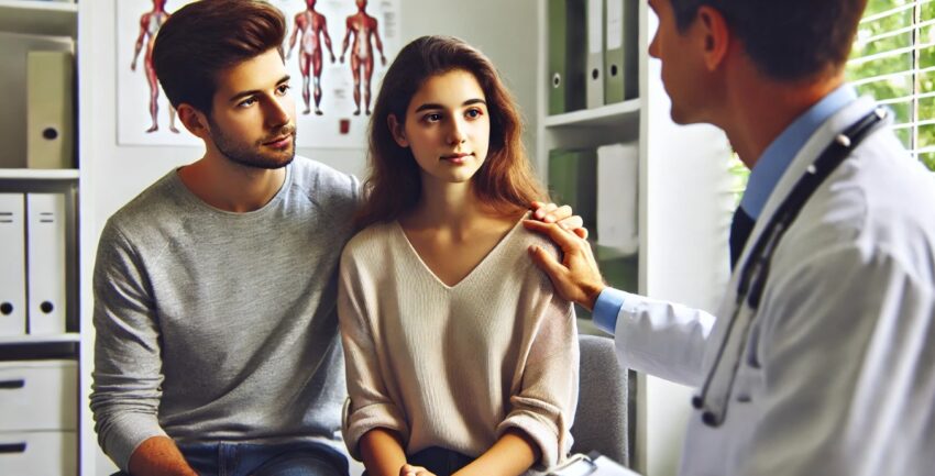 A young woman sits in a doctor's office, speaking with her doctor. Her husband's hand is gently on her shoulder in support. The doctor listens attentively, and the room is brightly lit with medical charts on the walls. The atmosphere is calm and caring.