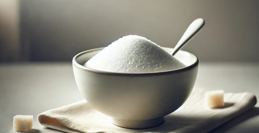 The image showcases a close-up of a refined, minimalist bowl filled with pristine white sugar crystals, glistening subtly under soft lighting. A small spoon rests alongside the bowl, inviting interaction in a serene and elegantly simple setting.