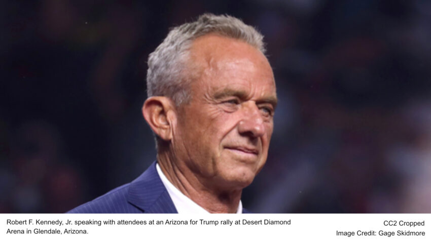 Robert F. Kennedy, Jr. speaking with attendees at an Arizona for Trump rally at Desert Diamond Arena in Glendale, Arizona.