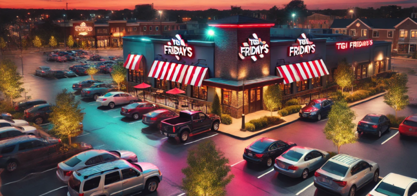 A TGI Friday's parking lot at dusk, with the restaurant's iconic red and white striped awnings and bright neon signage illuminated against the deepening evening sky. The parking lot is partly filled with cars, some with headlights on, casting gentle reflections on the pavement. The sky shows warm tones of orange and purple as the sun sets, creating a calm and inviting atmosphere.