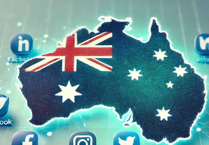 An image featuring an outline of Australia as a backdrop with social media icons for Facebook, Twitter, Instagram, LinkedIn, and YouTube in the foreground. The outline of Australia has a gradient of soft blue and green tones, while the social media icons are vibrant and bold, positioned centrally to highlight Australia’s digital connectivity and social media presence.